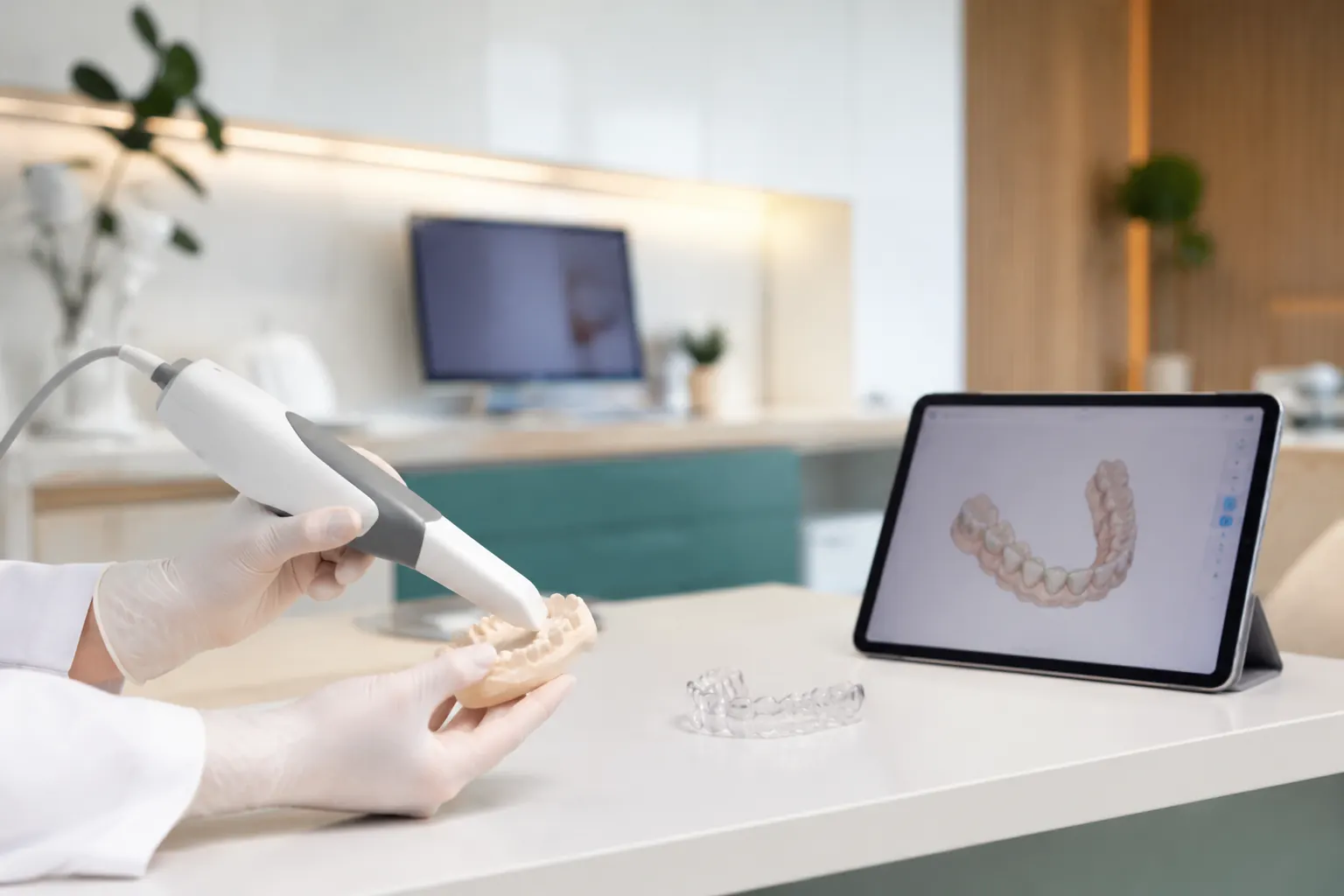Imagem editorial ilustrativa de escaneamento de modelo odontológico