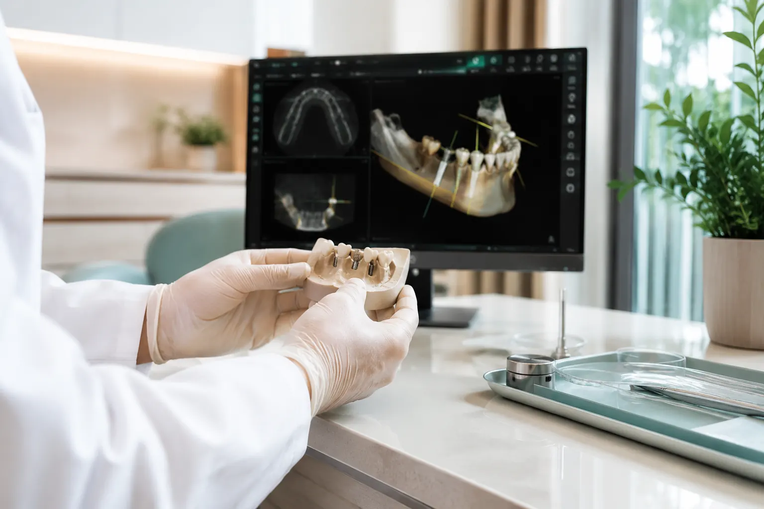 Imagem editorial ilustrativa de planejamento tridimensional de implantes com modelo odontológico